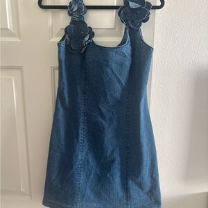 Blue Denim Dress with Floral Straps